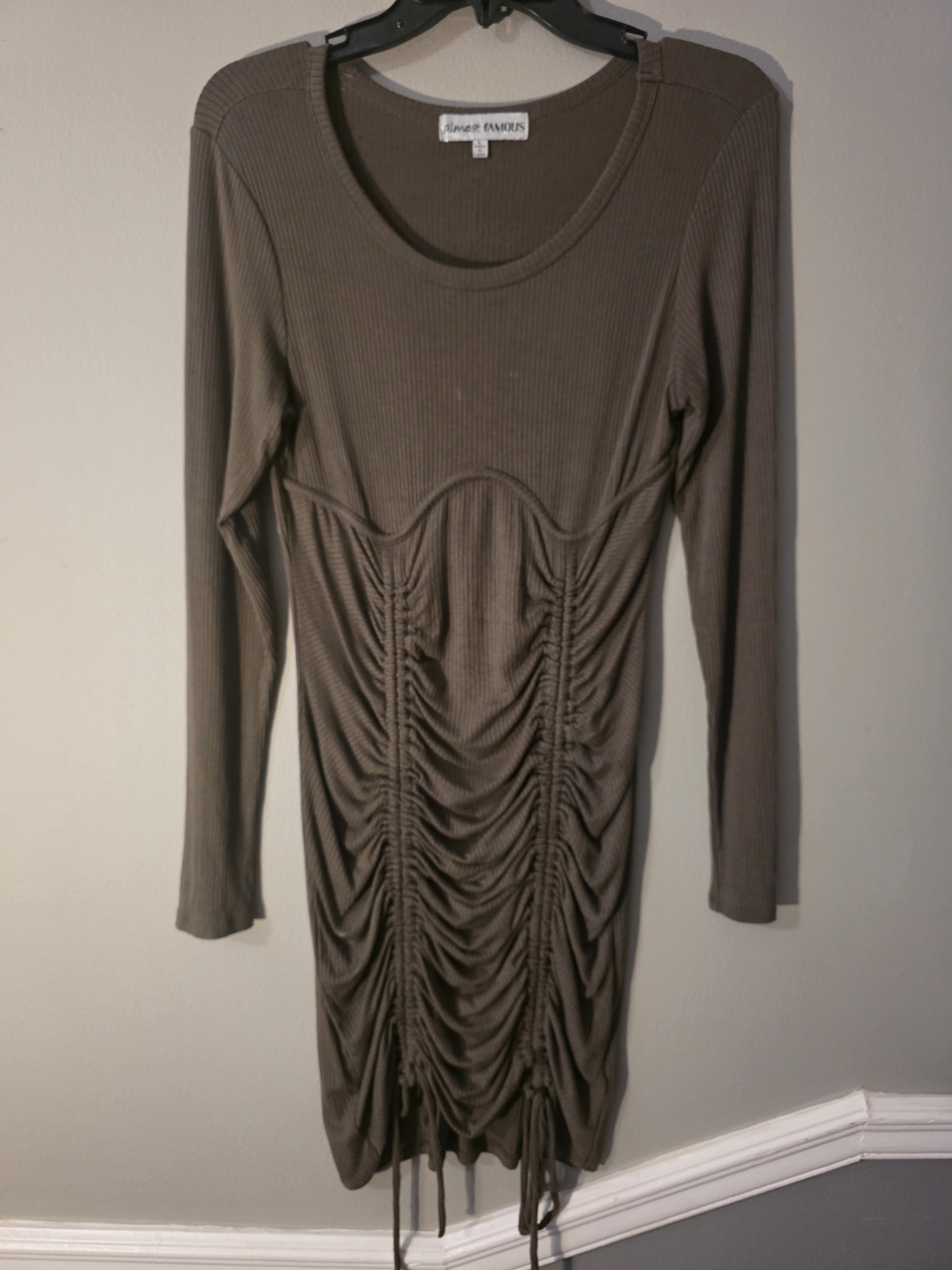 Almost Famous  Olive Long Sleeve Ruched Front Bodycon Dress